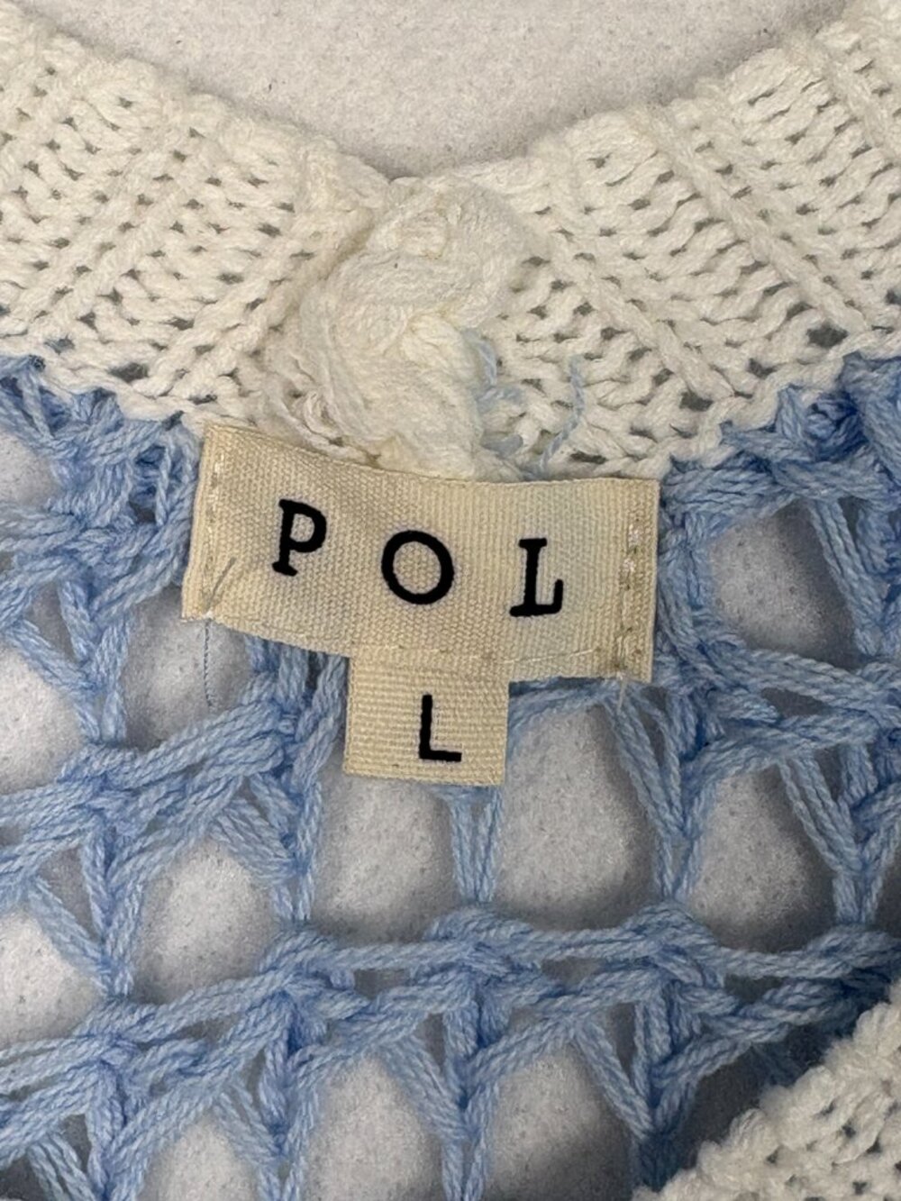 POL Sky Blue Crochet Peace Sign Knit Sweater Boho Coastal Festival Fairy Beach L - Picture 4 of 8